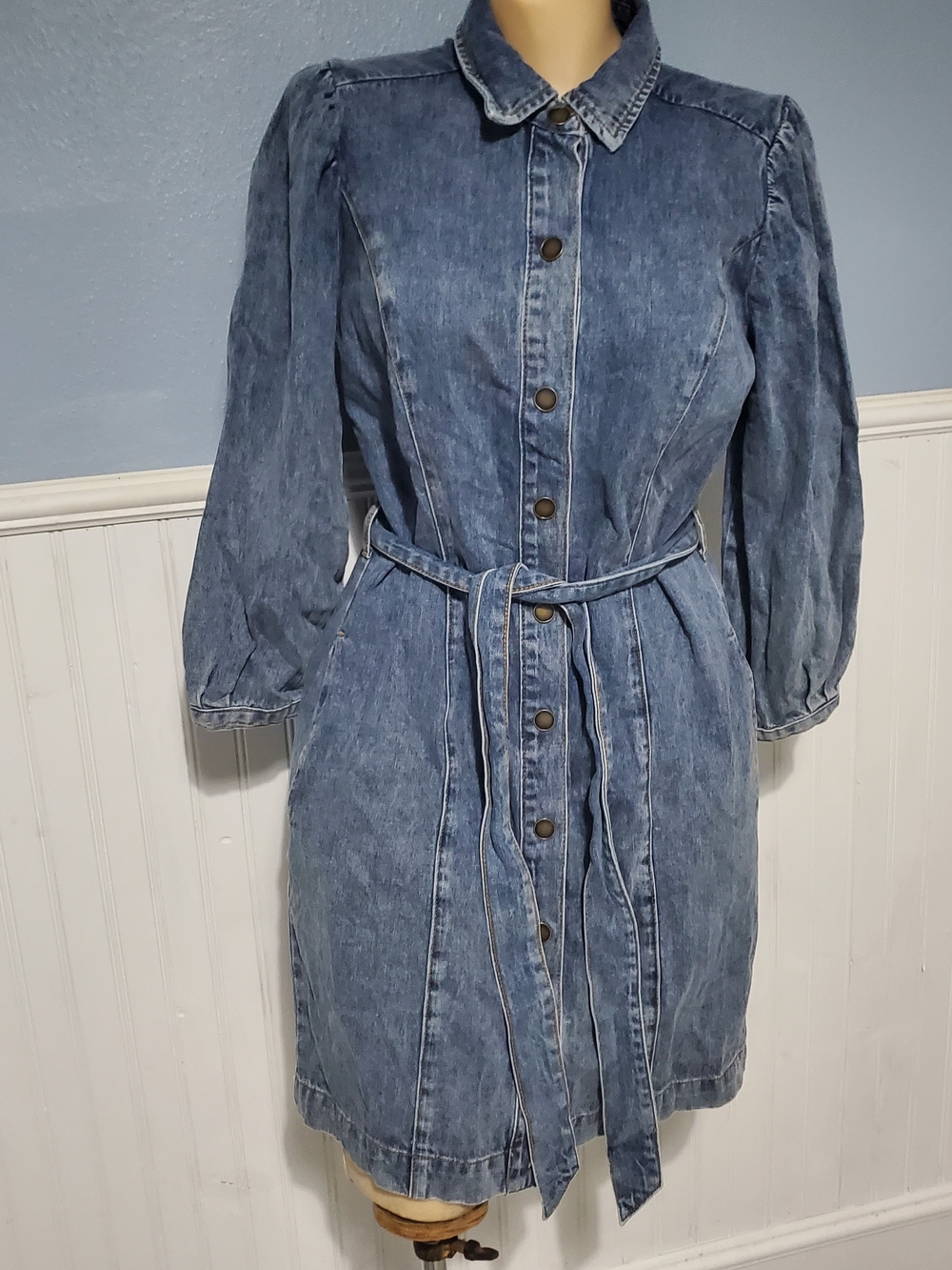 Oliver Bonas Denim Puff Sleeve Mini Shirt Dress - Size UK 10 / US 6 Cottagecore